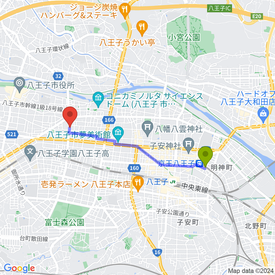 京王八王子駅から宮崎楽器へのルートマップ地図