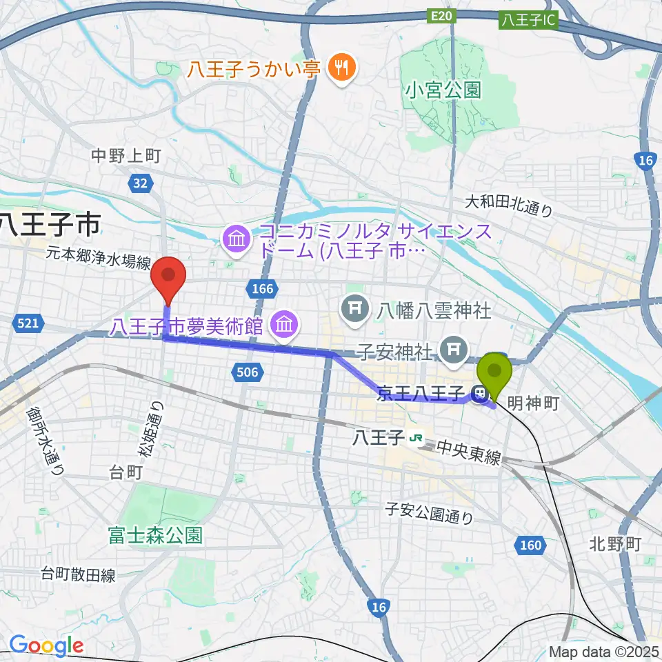京王八王子駅から宮崎楽器へのルートマップ地図