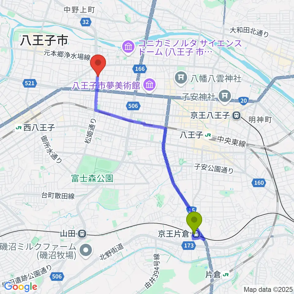 京王片倉駅から宮崎楽器へのルートマップ地図