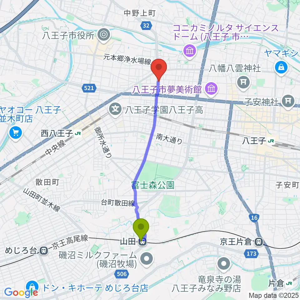 山田駅から宮崎楽器へのルートマップ地図