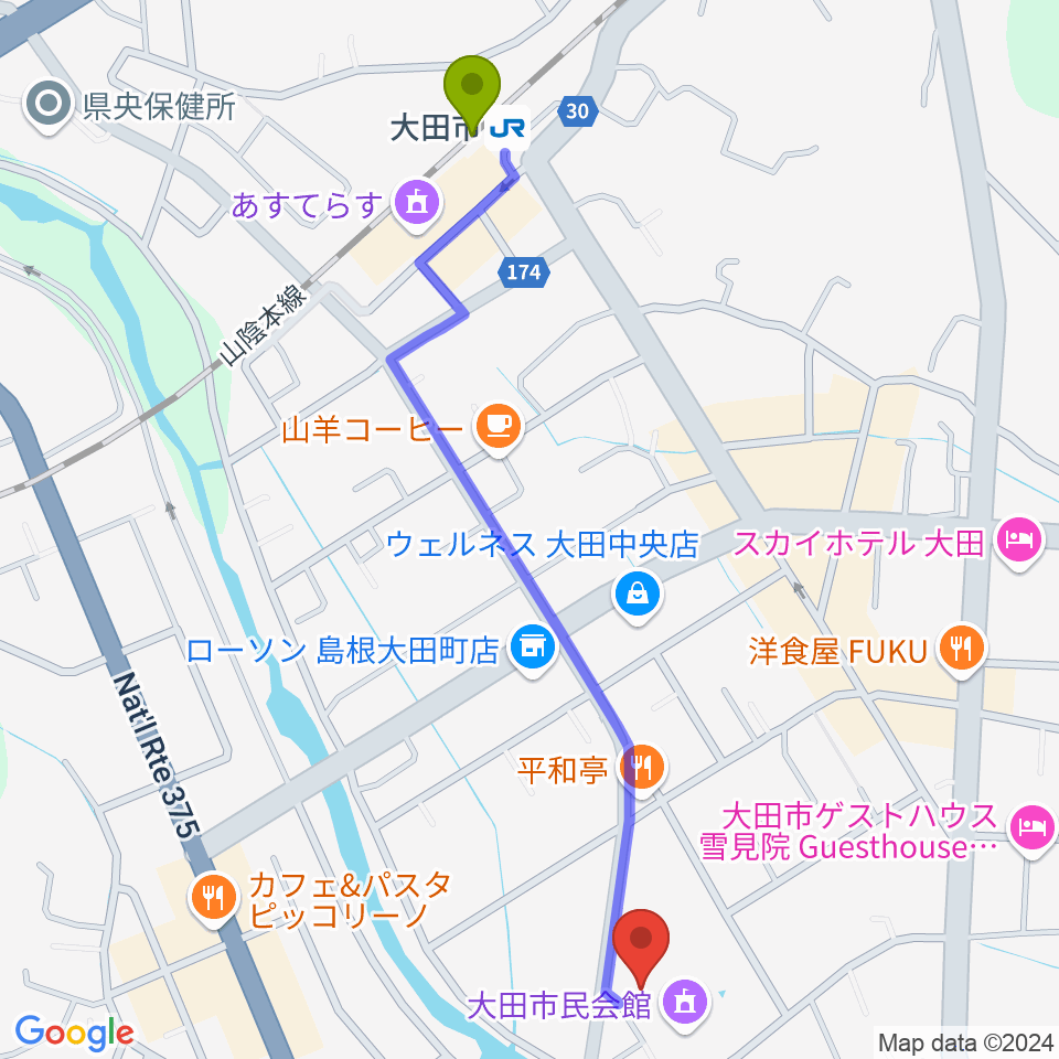 大田市民会館の最寄駅大田市駅からの徒歩ルート（約13分）地図