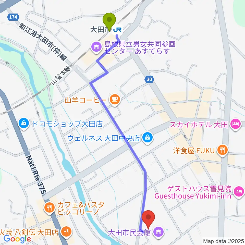 大田市民会館の最寄駅大田市駅からの徒歩ルート（約13分）地図