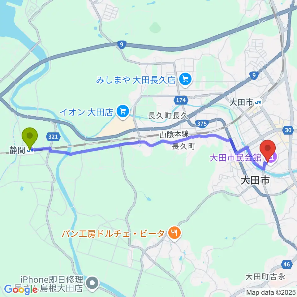 静間駅から大田市民会館へのルートマップ地図