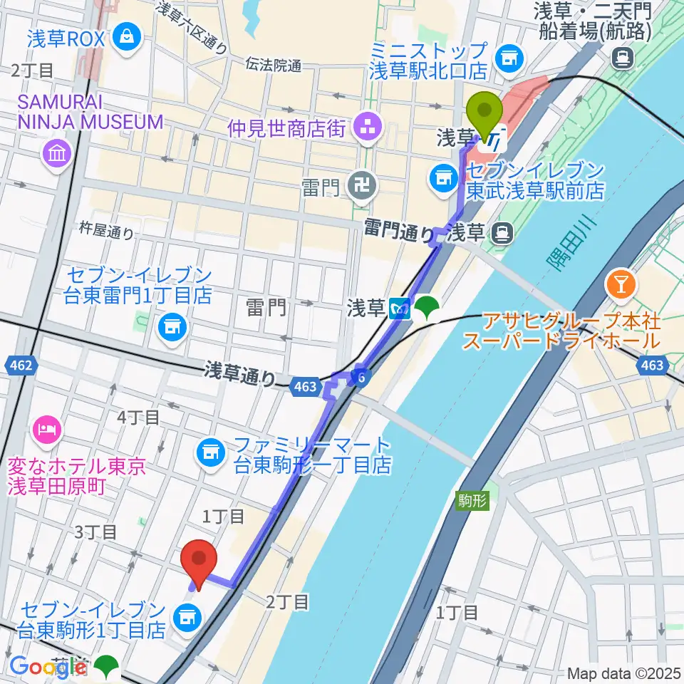 浅草駅から浅草Gold Soundsへのルートマップ地図