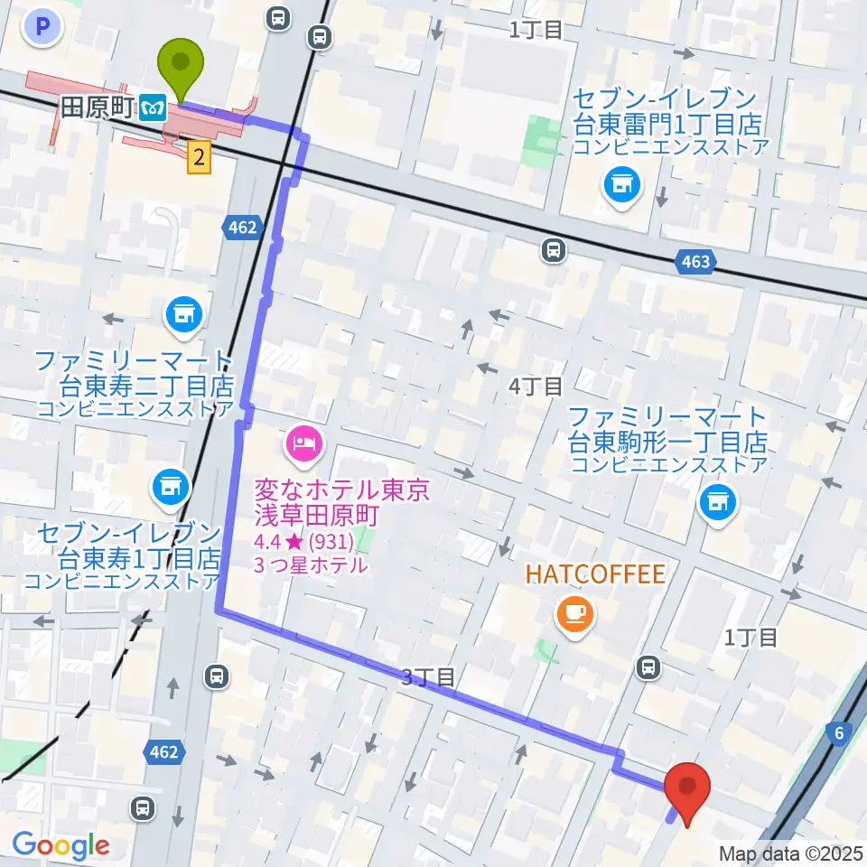 田原町駅から浅草Gold Soundsへのルートマップ地図