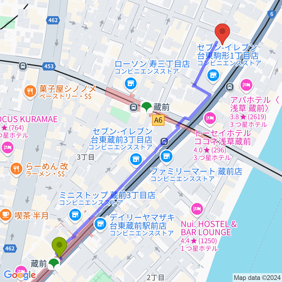 浅草Gold Soundsの最寄駅蔵前駅からの徒歩ルート（約7分）地図