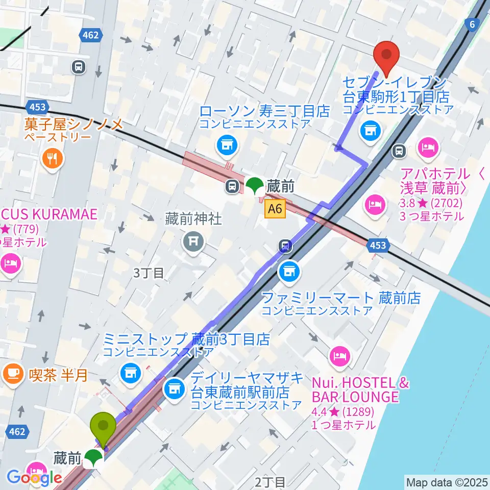 浅草Gold Soundsの最寄駅蔵前駅からの徒歩ルート（約7分）地図