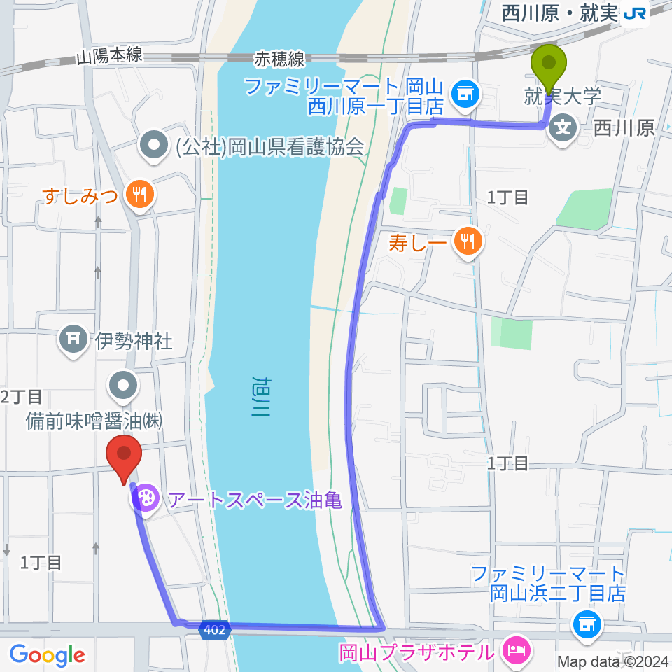 岡山Live Stage Arkの最寄駅西川原駅からの徒歩ルート（約13分）地図