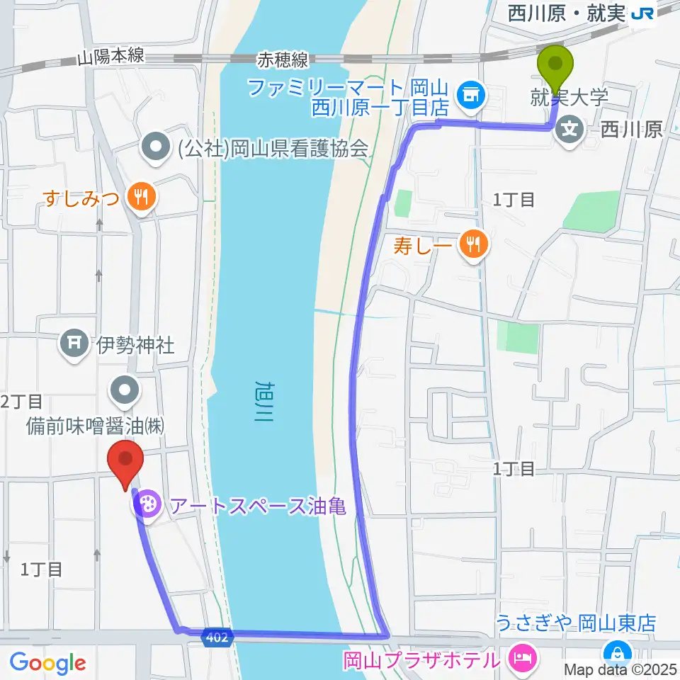 岡山Live Stage Arkの最寄駅西川原駅からの徒歩ルート（約13分）地図