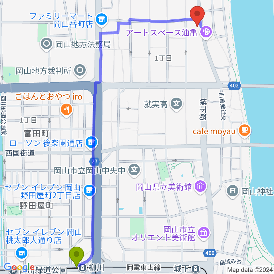 柳川駅から岡山Live Stage Arkへのルートマップ地図