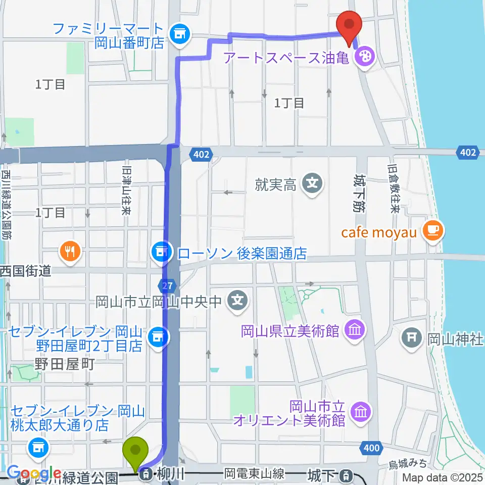 柳川駅から岡山Live Stage Arkへのルートマップ地図