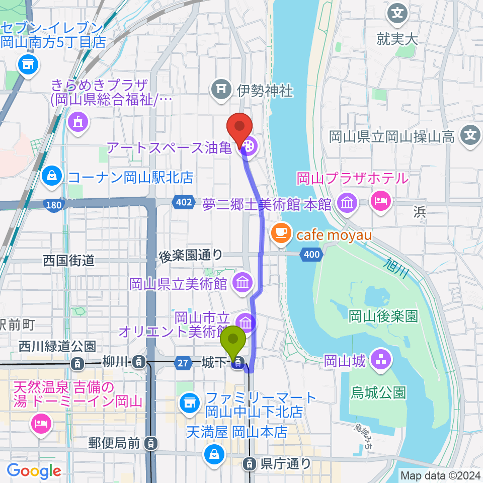 城下駅から岡山Live Stage Arkへのルートマップ地図