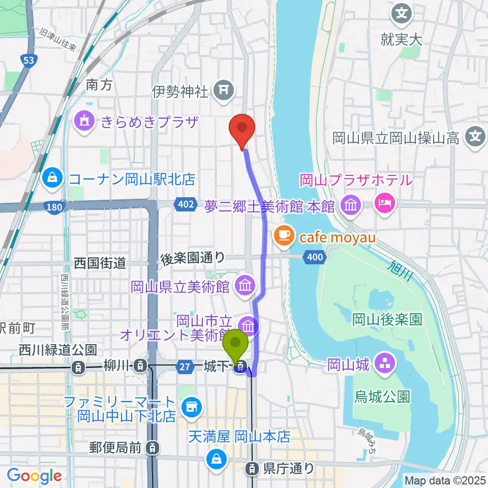 城下駅から岡山Live Stage Arkへのルートマップ地図