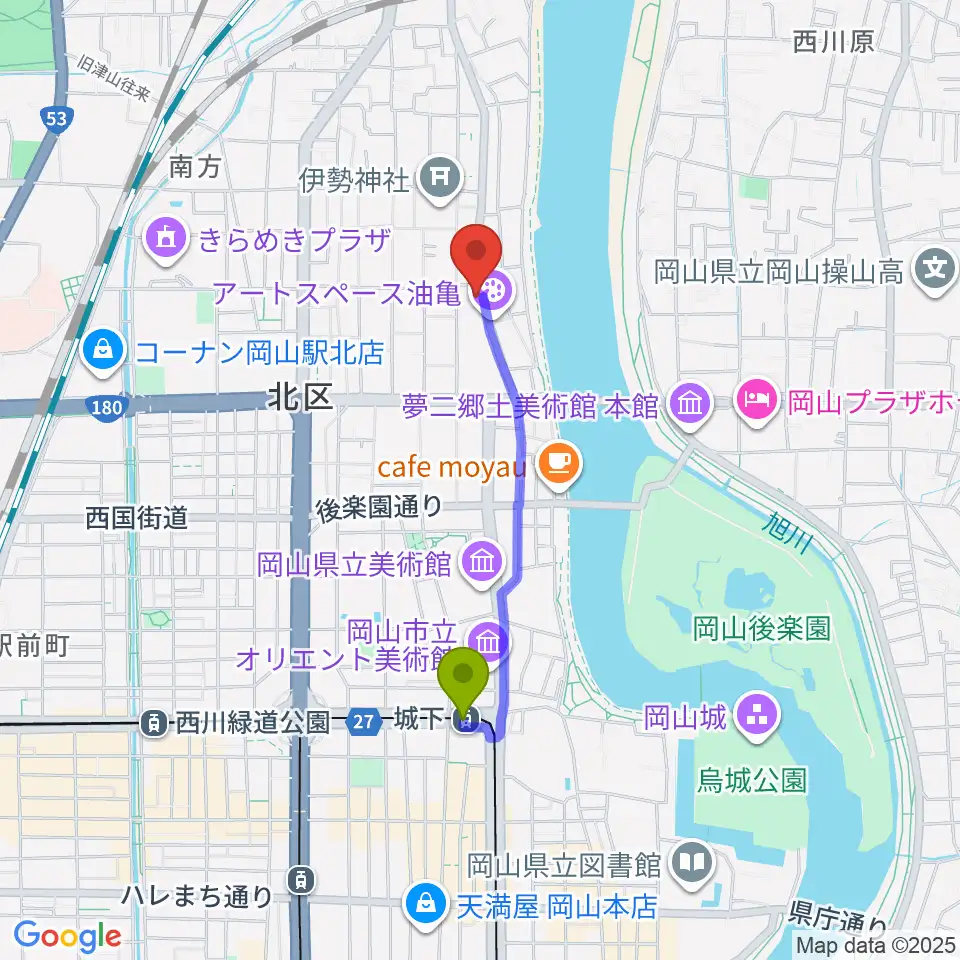 城下駅から岡山Live Stage Arkへのルートマップ地図