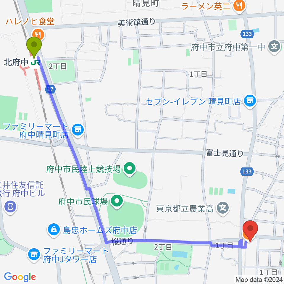 北府中駅からサウンドスタジオエイト府中へのルートマップ地図