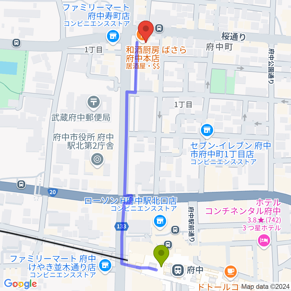 サウンドスタジオエイト府中の最寄駅府中駅からの徒歩ルート（約6分）地図