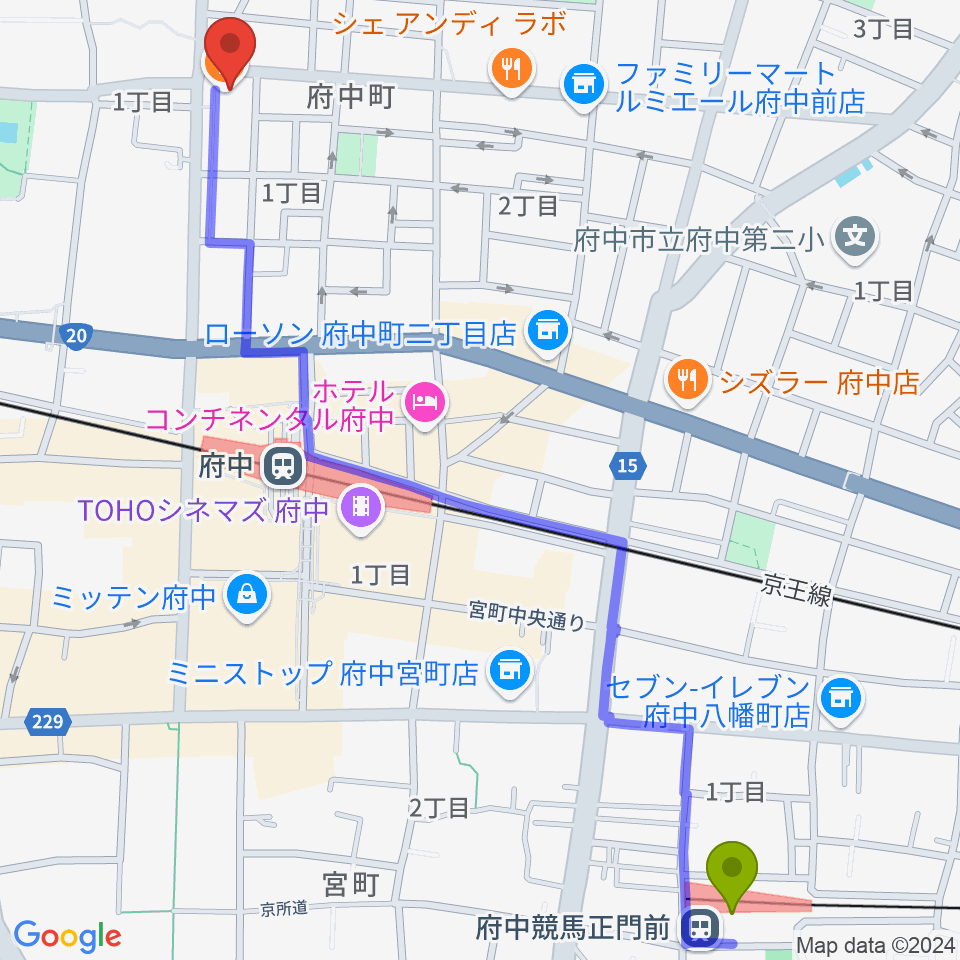 府中競馬正門前駅からサウンドスタジオエイト府中へのルートマップ地図