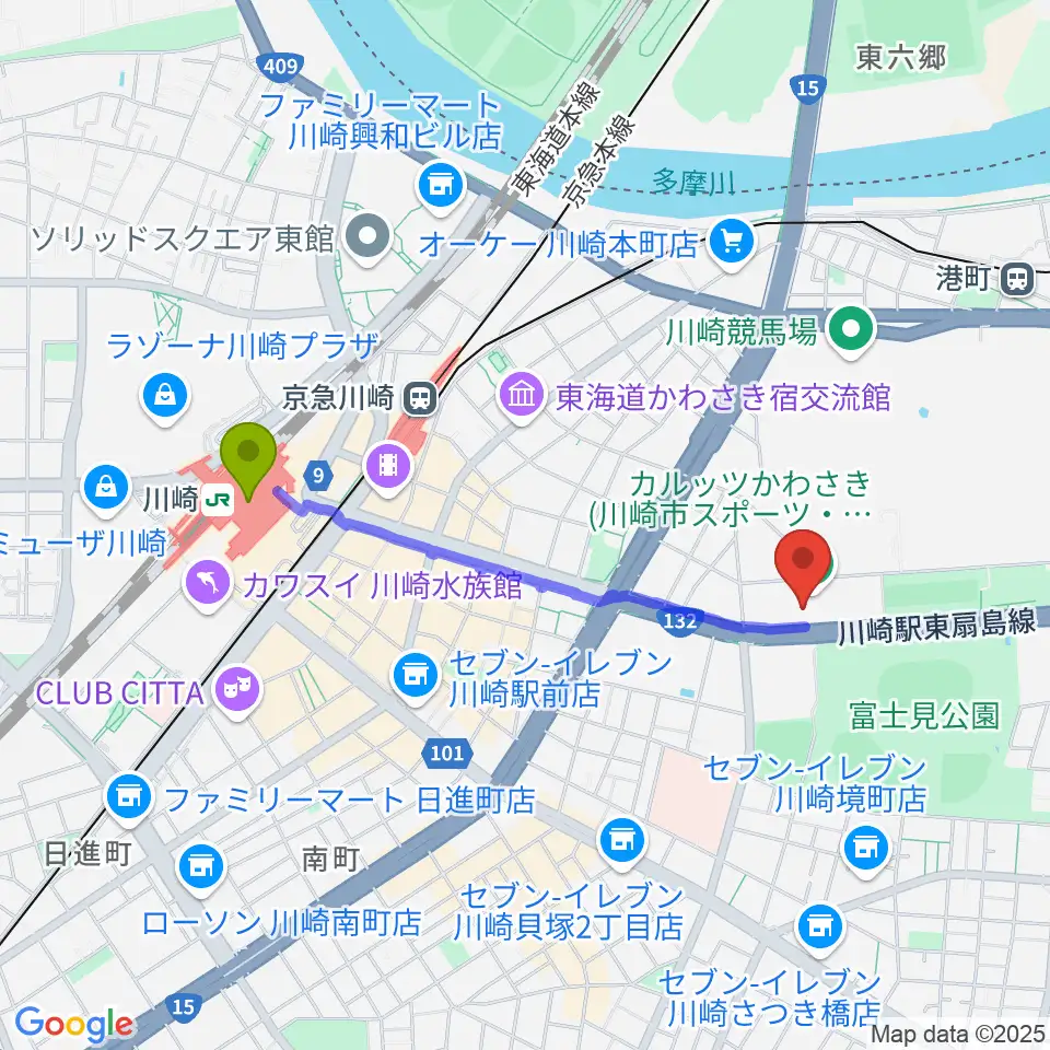 川崎駅からカルッツかわさきホールへのルートマップ地図