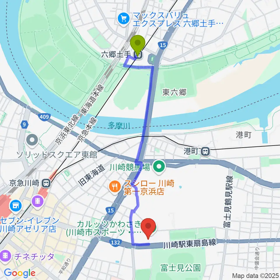 六郷土手駅からカルッツかわさきホールへのルートマップ地図