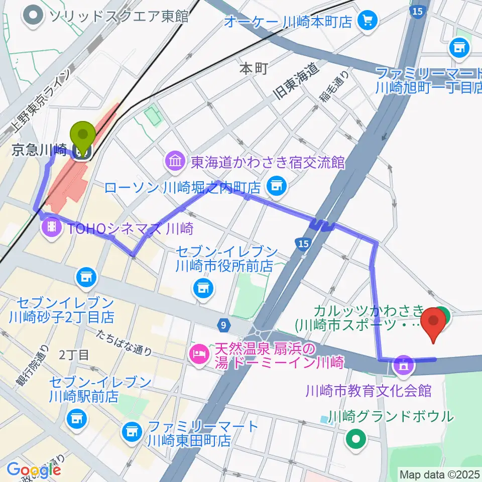 京急川崎駅からカルッツかわさきホールへのルートマップ地図