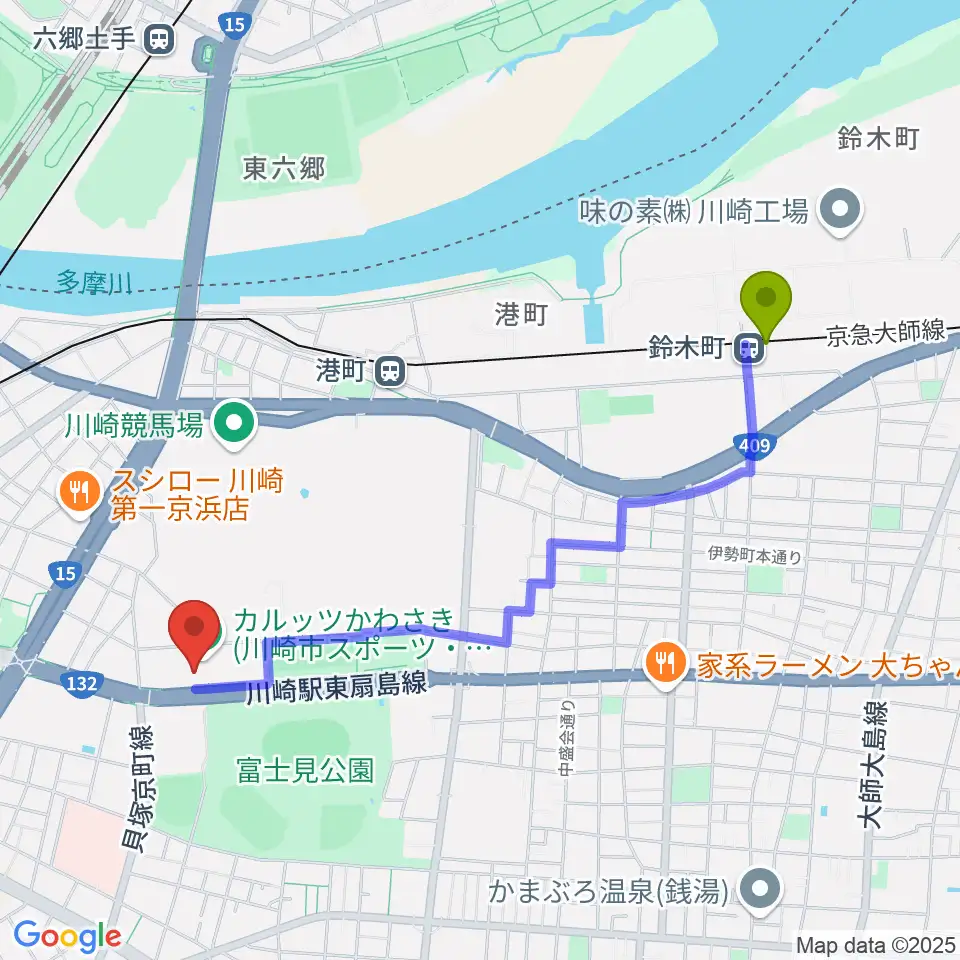 鈴木町駅からカルッツかわさきホールへのルートマップ地図
