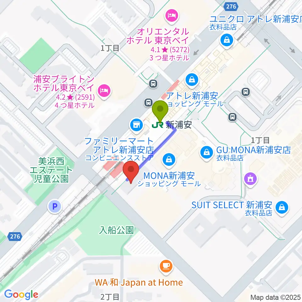 J:COM 浦安音楽ホールの最寄駅新浦安駅からの徒歩ルート（約2分）地図