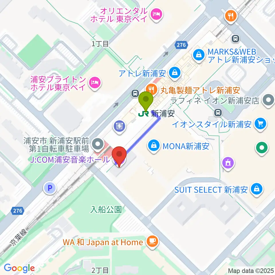 J:COM 浦安音楽ホールの最寄駅新浦安駅からの徒歩ルート（約2分）地図