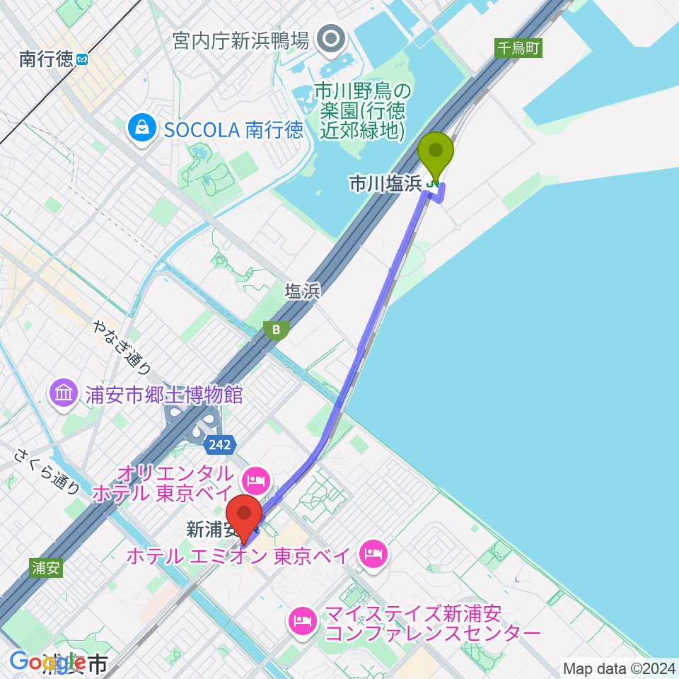 市川塩浜駅からJ:COM 浦安音楽ホールへのルートマップ地図