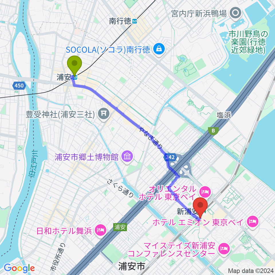 浦安駅からJ:COM 浦安音楽ホールへのルートマップ地図