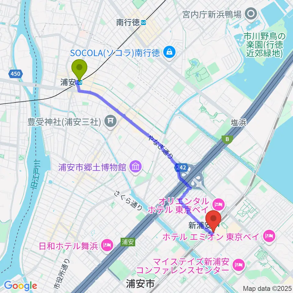 浦安駅からJ:COM 浦安音楽ホールへのルートマップ地図