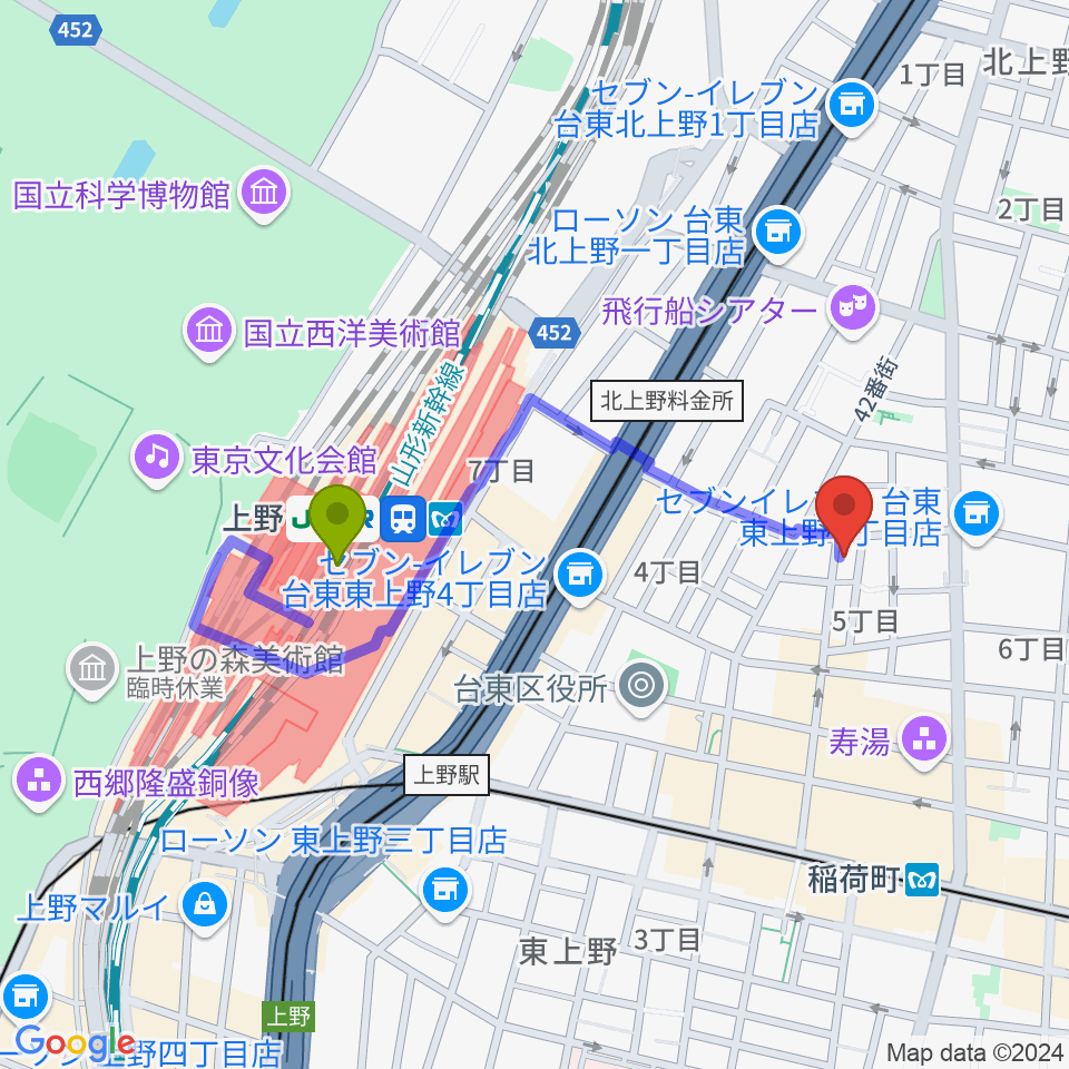 上野駅からLOVERSIONへのルートマップ地図