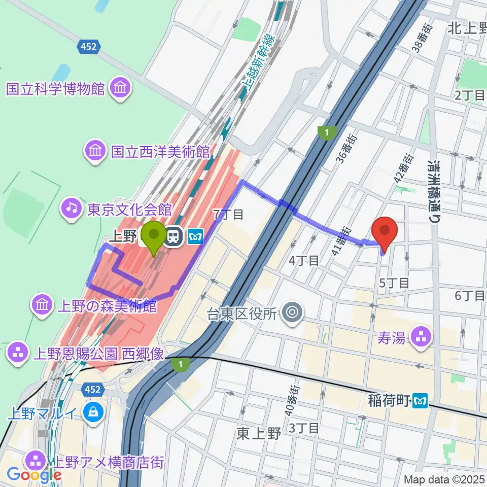 上野駅からLOVERSIONへのルートマップ地図