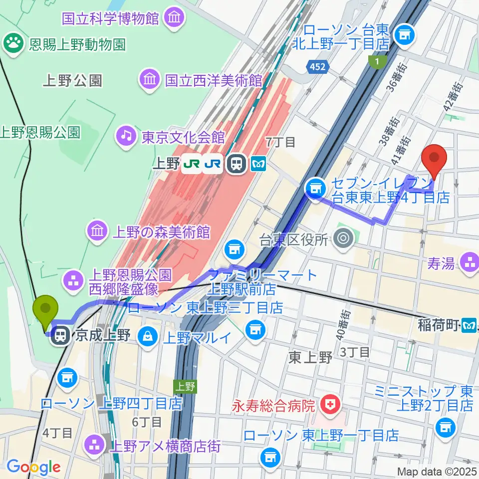 京成上野駅からLOVERSIONへのルートマップ地図
