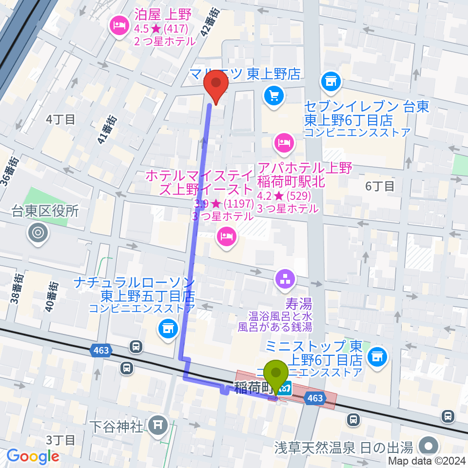 LOVERSIONの最寄駅稲荷町駅からの徒歩ルート（約5分）地図