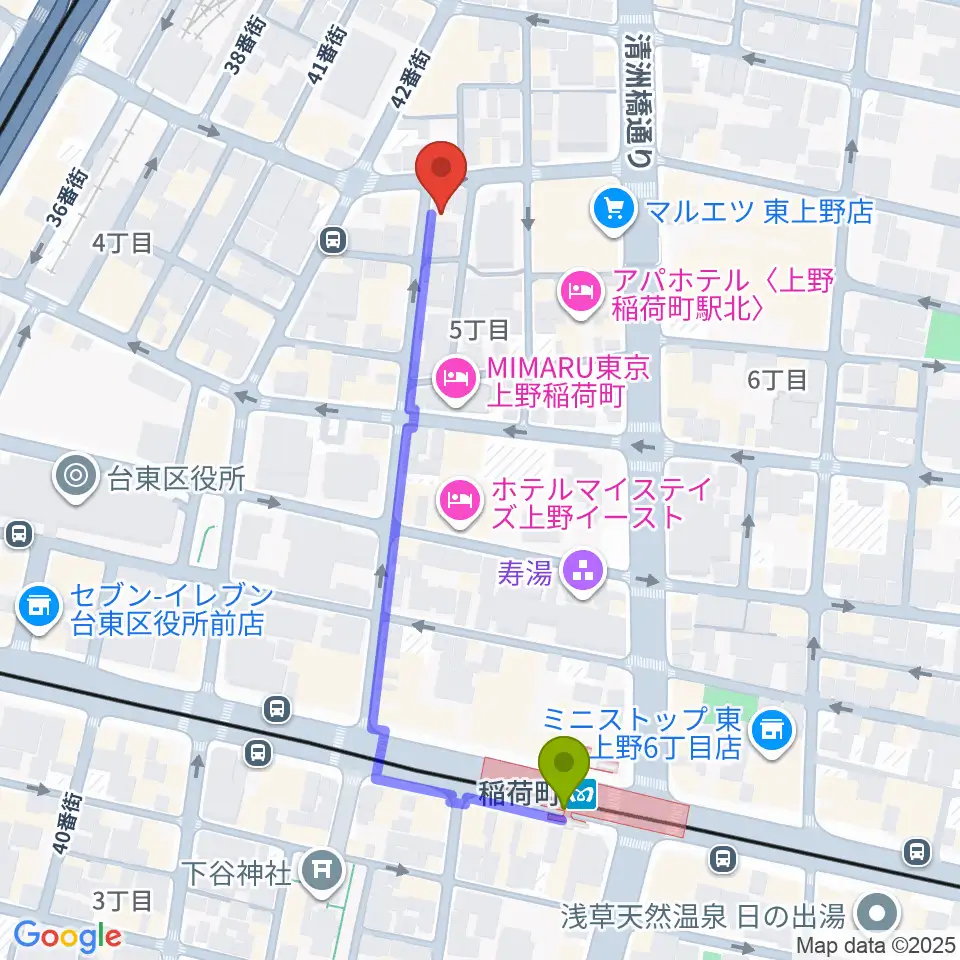 LOVERSIONの最寄駅稲荷町駅からの徒歩ルート（約5分）地図