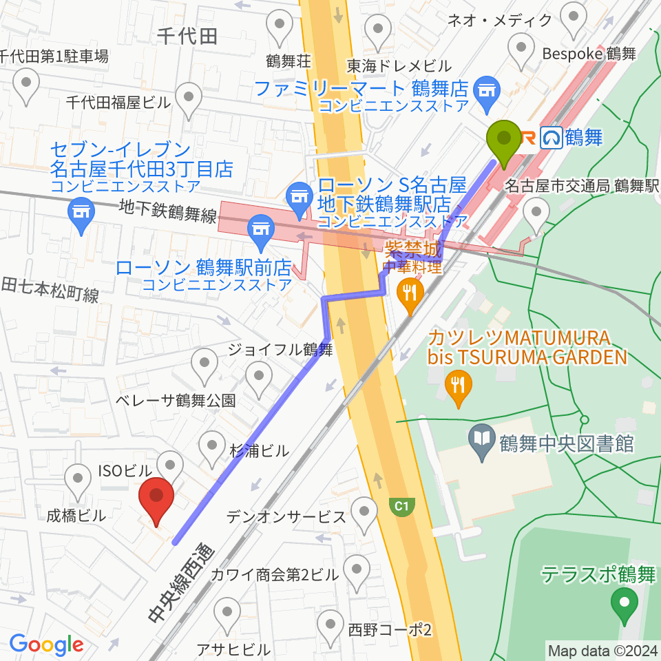 鶴舞パーチの最寄駅鶴舞駅からの徒歩ルート（約6分）地図
