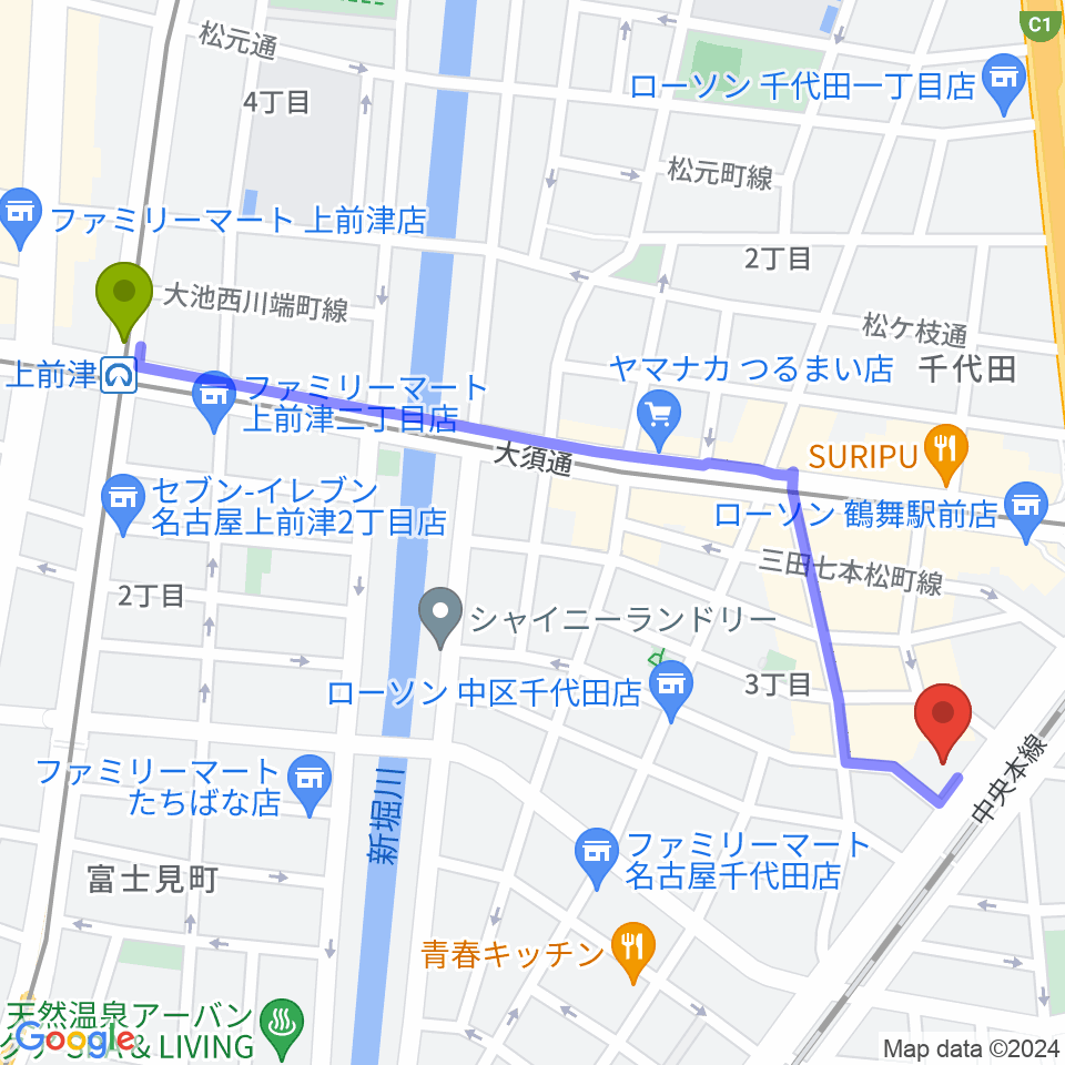 上前津駅から鶴舞パーチへのルートマップ地図