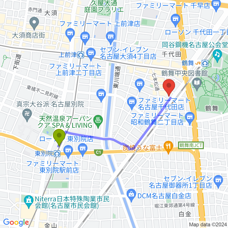 東別院駅から鶴舞パーチへのルートマップ地図