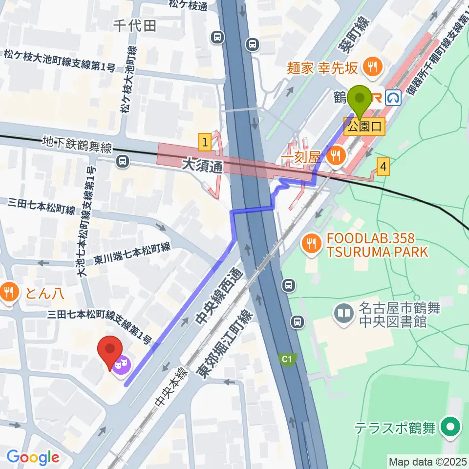 EMU Music Schoolの最寄駅鶴舞駅からの徒歩ルート（約6分）地図