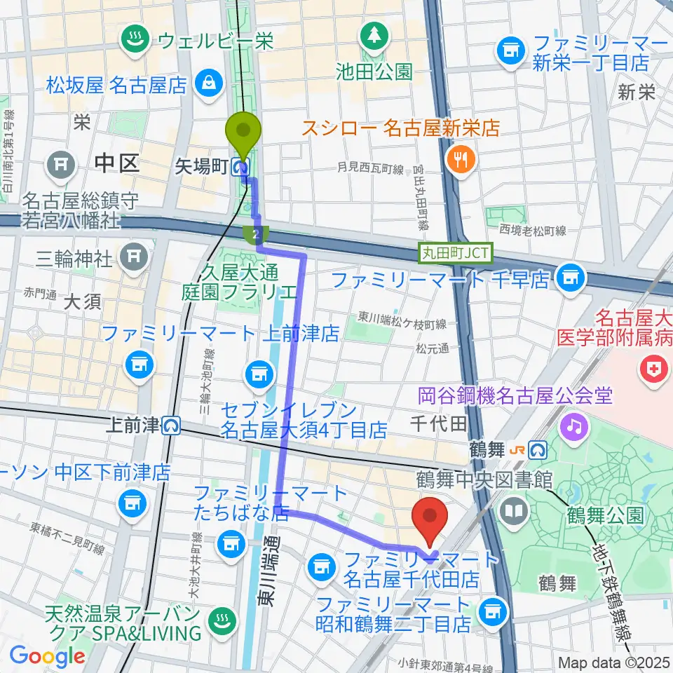 矢場町駅からEMU Music Schoolへのルートマップ地図