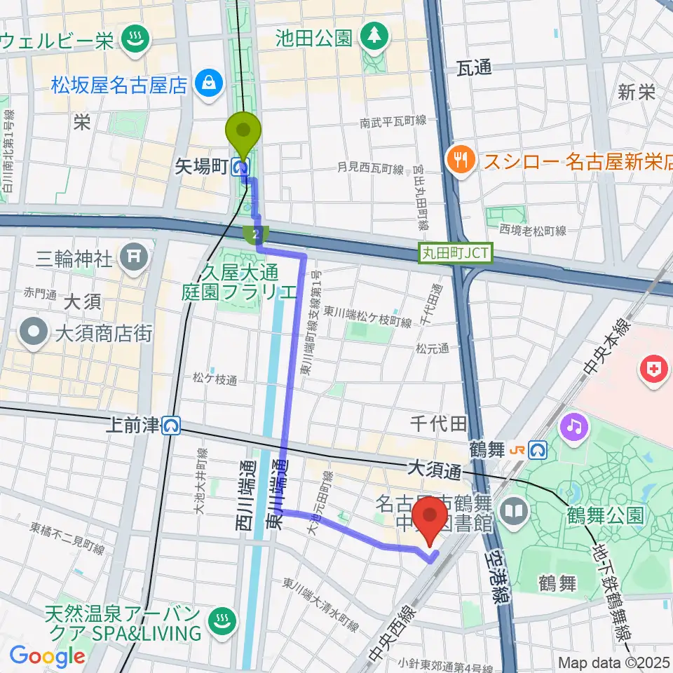 矢場町駅からEMU Music Schoolへのルートマップ地図