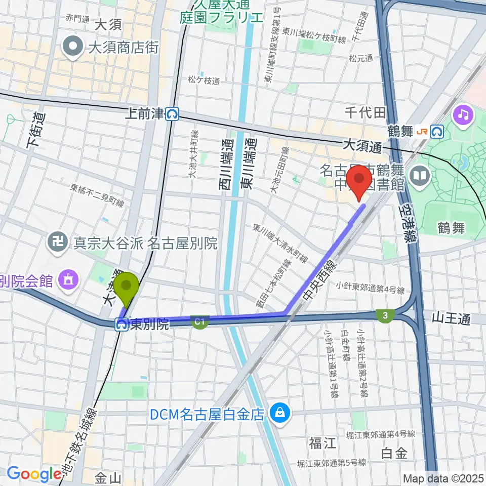 東別院駅からEMU Music Schoolへのルートマップ地図
