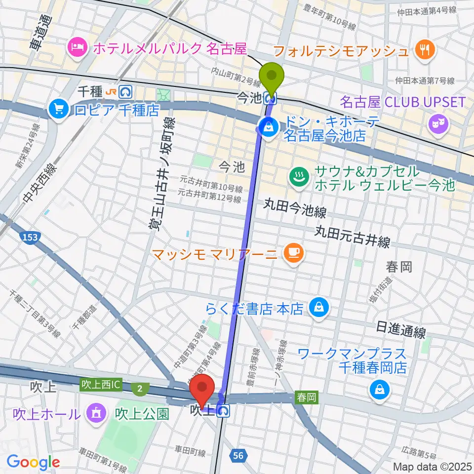 今池駅からサタケドラムショップへのルートマップ地図