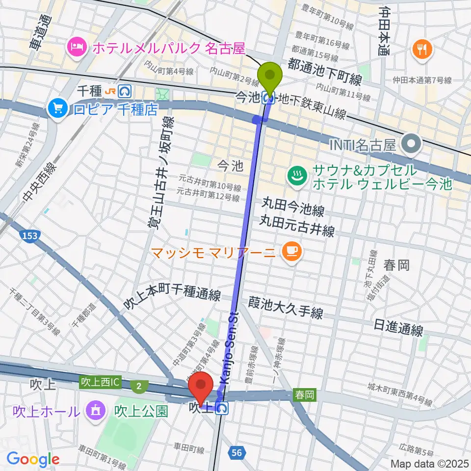 今池駅からサタケドラムショップへのルートマップ地図