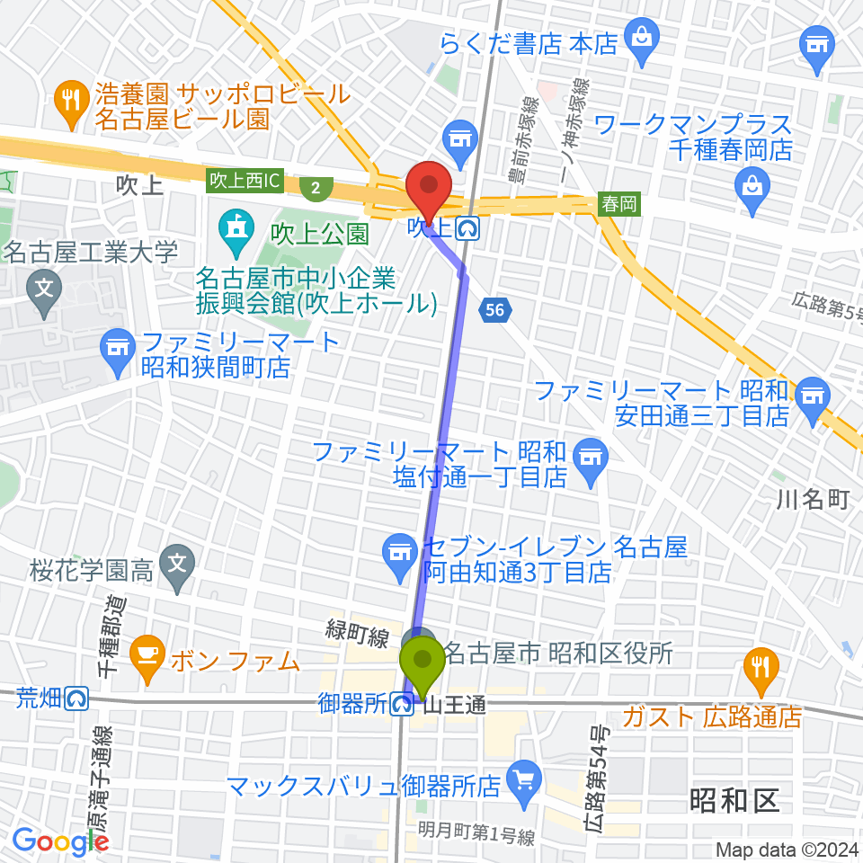 御器所駅からサタケドラムショップへのルートマップ地図