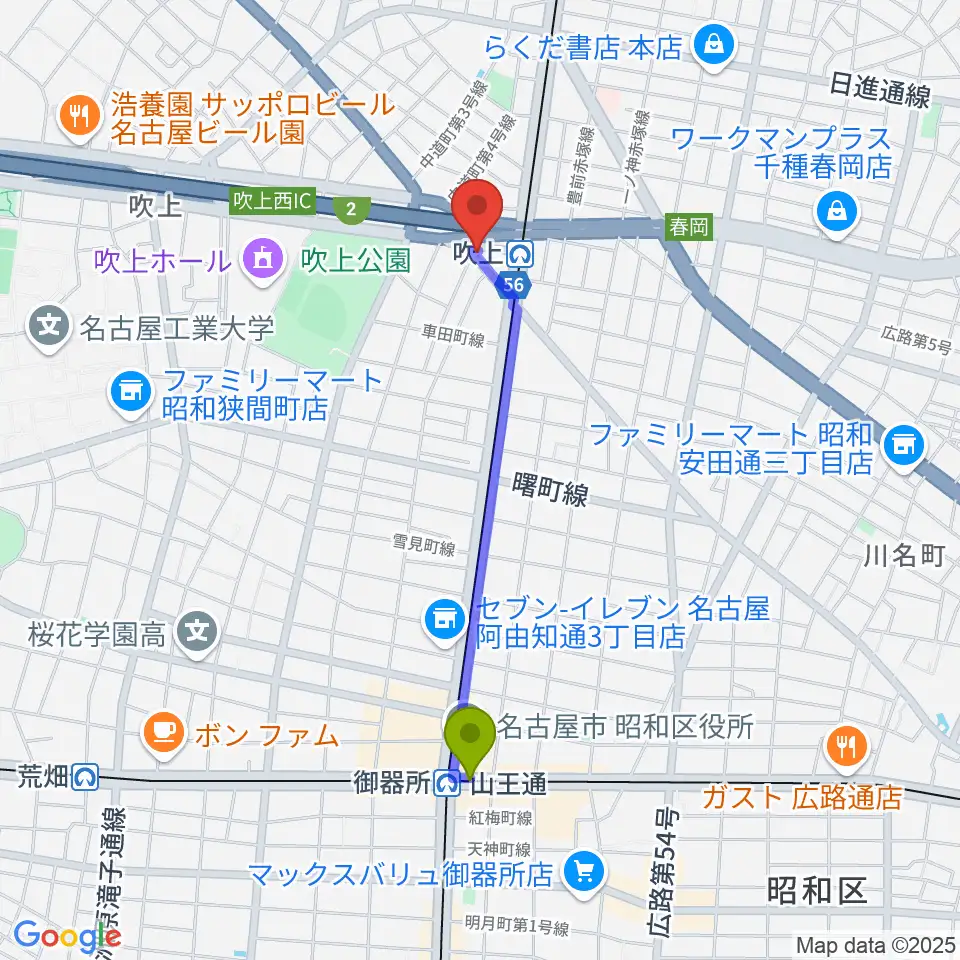 御器所駅からサタケドラムショップへのルートマップ地図