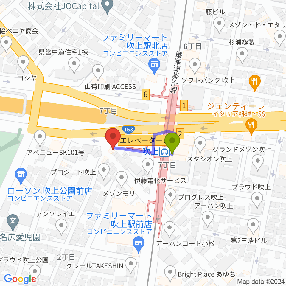 サタケドラムショップの最寄駅吹上駅からの徒歩ルート（約2分）地図