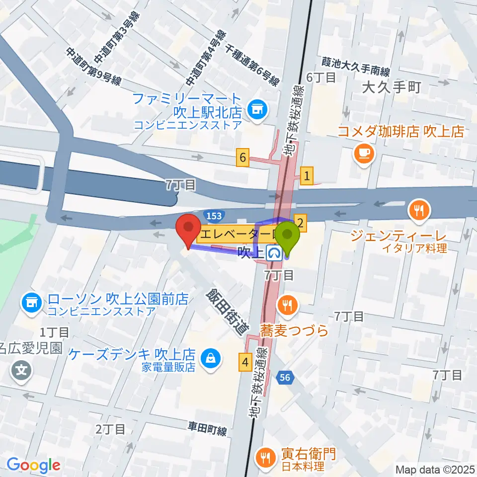 サタケドラムショップの最寄駅吹上駅からの徒歩ルート（約2分）地図