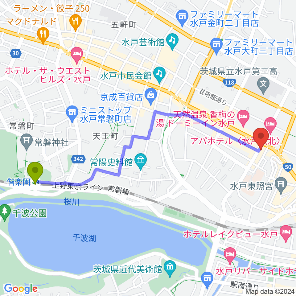偕楽園駅から水戸ペーパームーンへのルートマップ地図