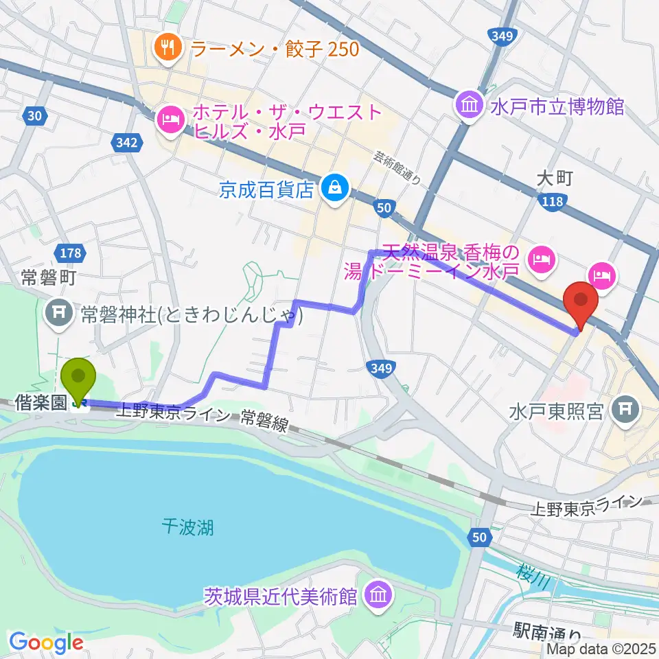 偕楽園駅から水戸ペーパームーンへのルートマップ地図
